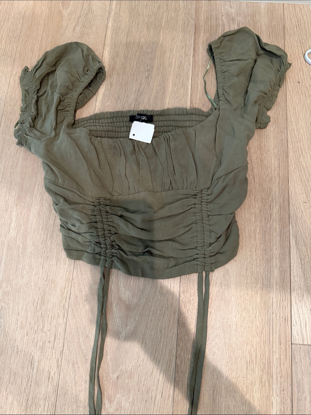 Papermoon Olive Ruched Square-Neck Crop Top with Puff Sleeves